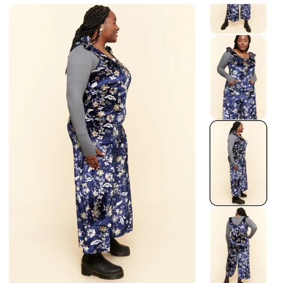 Earthbound Blue Floral Sleeveless Velvet Wide Leg Stretch Jumpsuit Pockets M/L - Picture 2 of 12